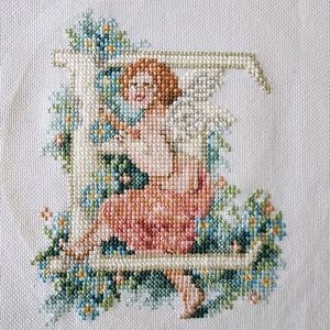 E Monogram Fairy Angel Cross Stitch Finished Piece Cottagecore Wall Art Tapestry